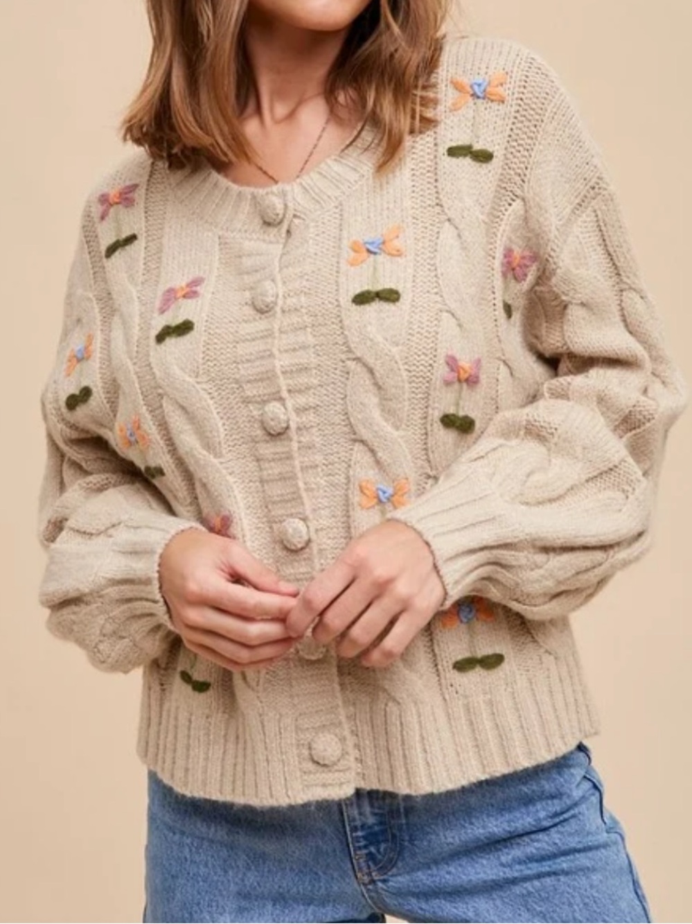 Neutral Ground | Pink Embroidered Floral Cable Knit Cardigan Sweater | S | NWT
